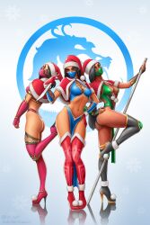 3girls ass big_breasts black_hair blue_clothing boots breasts brown_eyes christmas christmas_clothing christmas_headwear christmas_outfit dark-skinned_female dark_skin edenian fan female_only gloves green_eyes heel_boots heels heroharborx hips jade_(mk9) jade_(mortal_kombat) kitana kitana_(mk9) leotard light-skinned_female light_skin long_hair mask masked masked_female mileena mileena_(mk9) mortal_kombat mortal_kombat_(2011) oiuuart pink_clothing purple_clothing red_clothing red_eyes red_gloves santa_hat short_hair skimpy skimpy_clothes staff tarkatan thigh_highs thighhighs thighs weapon