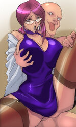 anal aoi_kiriko breast_grab breast_squeeze breasts censored dress earrings glasses huge_breasts ichijiku jewelry purple_eyes purple_hair rape red_hair sex shinkon_gattai_godannar!! shiny_clothes thick_thighs thighhighs