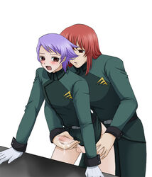 2boys belt blush bring_stabity button buttons censored gay gloves gundam handjob human male male_only multiple_boys no_pants open_mouth penis precum purple_hair red_eyes red_hair revive_revival short_hair table testicles uniform yaoi