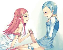 1futa 1girls anemone_(eureka_seven) blue_hair blush collar dress eureka eureka_seven female_on_futa futa_on_female futanari hairclip intersex leg_strap light-skinned_futanari long_hair no_panties open_mouth parted_lips penis pink_hair short_hair