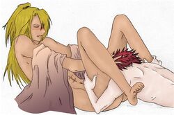 2boys artist_request barefoot deidara feet fellatio gay male male_only multiple_boys multiple_males naruto oral saliva sasori sex spread_legs straight_hair toes yaoi