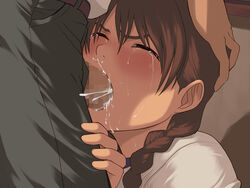 blush braid brown_hair buruma censored closed_eyes cum cum_in_mouth deepthroat facial fellatio female forced game_cg gym_clothes gym_uniform hand_on_head human jeans male nanase_ruo oral penis real_intention school_uniform schoolgirl straight tears twin_braids