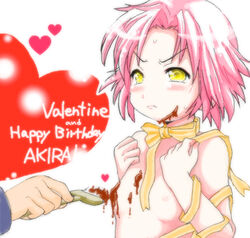 blush chocolate heart kogami_akira lowres lucky_star naked_ribbon nipples paintbrush pink_hair ribbon shirt_lift short_hair trim_brush valentine yellow_eyes