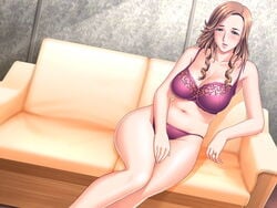 4:3 blue_gale blush bra breasts brown_hair cleavage female game_cg hair large_breasts lingerie long milf mrs._junkie panties pink_bra pink_lingerie pink_panties sagara_kyouka sitting sofa solo tatsunami_youtoku thong underwear