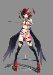 ball_gag black_legwear black_wings blush bondage breasts brown_hair clothes_pin collar dildo female gag grey_background hat high_resolution leash looking_at_viewer navel nipple_clamps nipples panties panties_aside pointy_ears pussy_juice pussy_plug red_eyes rope saliva shameimaru_aya shinebell short_hair simple_background solo spreader_bar tear thighhighs tokin_hat torn_clothes touhou underwear vaginal_penetration vibrator white_panties wings