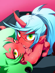 2demons 2girls demon_girl female glasses green_eyes green_hair horn incest kissing kneesocks_daemon long_hair multiple_girls nabe_(ingenmame) panty_&_stocking_with_garterbelt pointy_ears ponytail red_skin scanty_daemon siblings silver_hair sisters tied_hair tongue yuri