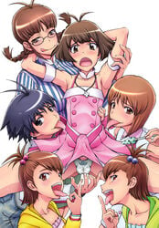 1boy 5girls :o :q age_difference akizuki_ritsuko akizuki_ryou androgynous antenna_hair armband armpits arms_behind_head arms_up balls balls_in_panties bangs bare_shoulders bisexual blue_eyes blue_hair blunt_bangs blush bob_cut bow braid breasts brown_eyes brown_hair bulge buttons choker clothing collarbone cousins cross crossdressing cute_&_girly_(idolmaster) cute_male denim dress erection erection_under_clothes female femboy femboy_on_female femdom feminine_male futami_ami futami_mami girly glasses hagiwara_yukiho hair_bobbles hair_ornament halterneck hetero highres hug hug_from_behind human idolmaster idolmaster_(classic) idolmaster_dearly_stars imminent_rape incest jeans jewelry kikuchi_makoto large_breasts licking licking_finger licking_lips long_tongue looking_at_viewer makoto_kikuchi male male/female malesub matou middle_finger multiple_girls naughty_face necklace open_mouth otoko_no_ko panties pants pantyshot parted_bangs payot penis penis_under_skirt photoshop_(medium) pleated_skirt print_panties reverse_trap ritsuko_akizuki ryou_akizuki saliva saliva_trail scan scared scrunchie shadow shirt short_dress short_hair siblings side_ponytail sidelocks simple_background sisters skirt sleeveless smile spread_legs straight striped striped_shirt sweat swept_bangs testicles tomboy tongue tongue_out trap twin_braids twincest twins underwear white_background white_panties yukiho_hagiwara