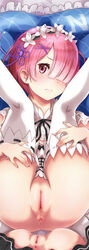 2girls anus ass blush breasts chunyan close-up dakimakura detached_sleeves dress duo female hair_ornament hair_over_one_eye headdress looking_at_viewer maid medium_breasts multiple_girls no_panties pink_hair pussy pussy_juice ram_(re:zero) re:zero_kara_hajimeru_isekai_seikatsu red_eyes short_hair siblings sisters spread_legs thighhighs twins uncensored white_legwear x_hair_ornament