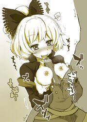 blonde_hair blush breasts fellatio female fujii_jun handjob kneeling monochrome nipples open_mouth oral paizuri penis ponytail short_hair straight tied_hair tongue touhou yamame_kurodani