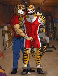 2013 abs anthro biceps black_fur brown_fur brown_hair canine erection feline fur furry gay hair hentist lion male muscles no_humans orange_fur pecs penis pink_nose shishimaru_genjurou tiger toragami_gaou vein white_fur