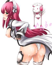 ass blush breasts breath cum cum_on_ass cum_on_body cum_on_lower_body female fingerless_gloves from_behind gloves green_eyes hair_ornament highres large_breasts long_hair looking_at_viewer musical_note nipples open_clothes open_mouth phantasy_star phantasy_star_online_2 pink_hair robot solo thighhighs valkyries_(pso2) yoshimo