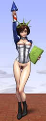 areola bioshock bioshock_infinite blue_eyes boots bottomless breasts brown_hair corset elizabeth_comstock female high_heel_boots high_heels nipples no_panties oni_(artist) pubic_hair pussy smiling solo statue_of_liberty