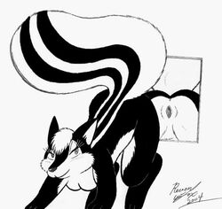 2004 all_fours anthro anus black black_and_white breasts clitoris eyelashes female furry looking_at_viewer mirror monochrome nude plain_background presenting pussy raised_tail reflection revenfox skunk smile solo