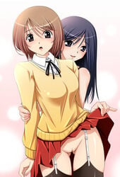 2girls black_hair blush breasts brown_eyes brown_hair female hiyoko_daiou long_hair looking_at_viewer multiple_girls no_panties open_mouth pussy skirt skirt_lift smile thighhighs uncensored yuri