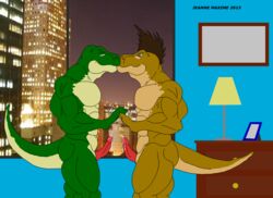 2013 abs anthro biceps brown_hair brown_skin cum dinosaur furry gay green_skin hair jonathan_alexander lizard male male_only maxime-jeanne muscles no_humans nude pecs penis precum reptile scales scalie thomas_carter tyrannosaurus_rex