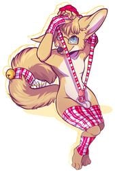 anthro balls beartp canine eyewear fennec fingerless_gloves fox fur furry girly glasses gloves hybrid male nude penis sitting skirt solo strawberryneko