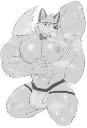 1boy anthro armpit_hair bara barazoku big_arms big_thighs bowtie doggonut furry glasses hunk jockstrap male_only monochrome mostly_nude muscular muscular_arms muscular_male muscular_thighs on_knees pecs thighs thisishomo