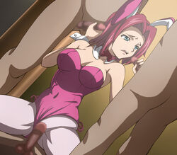 animal_ears bare_shoulders blue_eyes bowtie breasts bunny_ear bunny_ears bunny_girl bunnygirl bunnysuit censored cleavage code_geass cowgirl_position double_handjob female gangbang handjob highres kallen_stadtfeld large_breasts lying male medium_penis nude open_mouth penis red_hair short_hair sitting sitting_on_person standing wrist_cuffs