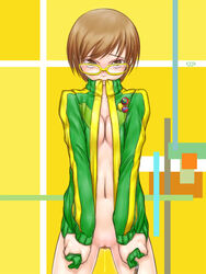 blush brown_eyes brown_hair glasses jacket navel persona persona_4 pins pubic_hair satonaka_chie short_hair tagme