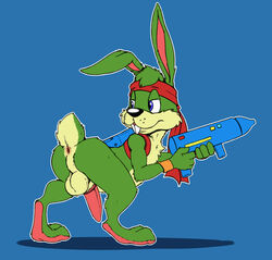 absurd_res anthro anus ass backsack balls bandana bent_over buckteeth clothing emenius fur green_fur gun half-closed_eyes hi_res jazz_jackrabbit jazz_jackrabbit_(series) lagomorph leporid male male_only mammal penis perineum rabbit ranged_weapon simple_background solo standing tapering_penis teeth vest weapon wristband