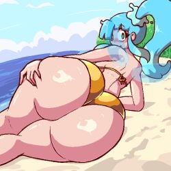 1girls 2026 ass ass_focus beach bikini blue_hair blush bubble_ass bubble_butt butt fairy female golden_bikini green_eyes hand_on_ass hand_on_own_ass huge_ass karisa_(quarium) laying_down laying_on_side looking_at_viewer looking_back lying on_sand original original_character ponytail quarium sand solo thick_ass water water_hair wings