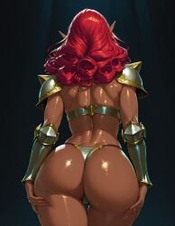 1girl 1girls ai_generated armor ass_focus bikini_armor curly_hair dark-skinned_female dark_elf dark_elf_female dark_skin elf elf_ears elf_female fantasy fighter glossy red_hair redhead redhead_female shiny shiny_skin skimpy_armor skin_gloss solo solo_female thin_waist thong vjuice warrior