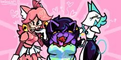 ass bedroom_eyes big_breasts blush blushing catty_(undertale) catty_cattenheimer chubby_female deltarune fully_clothed heart_symbol mew_mew_(undertale) sensealwm simple_background simple_shading tasque_manager_(deltarune) tounge_out undertale_(series) wink winking_at_viewer