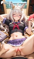 1boy 1girls 2026 ai_assisted ai_generated anime biwa_hayahide_(umamusume) blush book book_stack bookshelf cock desk dick doggystyle doggystyle_position female_genitalia from_behind from_behind_position genitals hetero hi_res high_quality high_resolution highres holding_book laying_down legs_apart library long_hair love_making lying lying_on_back missionary missionary_position navel on_back open_book patreon patreon_username penetration penis prone_position pussy reading school_bag school_uniform serafuku sex sexual_intercourse skypassion spread_legs stable_diffusion umamusume umamusume_pretty_derby uncensored uncensored_pussy uncensored_vagina vaginal watermark