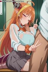 1boy 1girl ahoge ai_generated bangs bar_censor black_legwear black_skirt blonde_hair blue_bra blunt_bangs blush bow bra breast_press breasts breasts_outside button_gap censored classroom cleavage cleavage_cutout clothed_sex collared_shirt curtains desk double_v dragon_girl dragon_horns dragon_tail dress_shirt erection eyebrows_visible_through_hair fang fellatio frills hair_ornament hairband half-closed_eyes heavy_breathing hetero hololive hololive_english hololive_english_-advent- hololive_english_-council- hololive_english_-promise- hololive_fantasy hololive_gamers hololive_gen_0 hololive_japan hololive_myth horn_bow horns indoors jewelry kiryu_coco large_breasts licking lips long_hair long_sleeves looking_at_viewer miniskirt mosaic_censoring mouth_hold multicolored_eyes multicolored_hair nipples nude open_mouth oral orange_eyes orange_hair paizuri penis penis_grab pleated_skirt pointy_ears ponytail pubic_hair red_eyes school_desk scrunchie see-through shirt side_braid side_ponytail single_thighhigh sitting skirt sleeves_rolled_up smile solo_focus streaked_hair striped sweat tail testicles thighhighs thighs tongue tongue_out two-tone_hair underwear very_long_hair virtual_youtuber vtuber vtuber_fanart vtuber_persona vtuberfanart vtubers w white_shirt wing_collar wrist_scrunchie