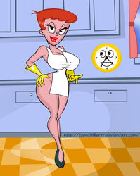 big_breasts borders_studio breasts dexter's_laboratory dexter's_mom female female_only gloves hair hand_on_hip human kitchen lipstick naked_apron red_hair red_lipstick smile solo toontinkerer