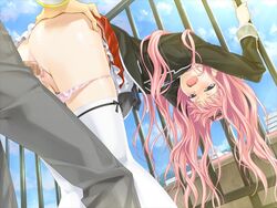 1boy 1girls ass ass_grab bent_over blush censored classy_cranberry's clothed_sex clouds female fence game_cg happoubi_jin highres honda_seshiru legs long_hair male open_mouth panties panty_pull penis pink_hair pink_panties purple_eyes pussy school_uniform sex skirt sky straight thighhighs underwear vaginal_penetration white_legwear