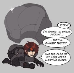 1girl ass ass_focus bandana big_ass black_eyes black_widow black_widow_(marvel) bodysuit box breasts brown_hair crawling dummy_thicc dumptruck_ass english_text full_body gloves grey_background huge_ass kneeling large_ass large_breasts marvel meme metal_gear_(series) natasha_romanoff s.h.i.e.l.d. sneaky solid_snake speech_bubble stealth tagme_(artist) thick_ass