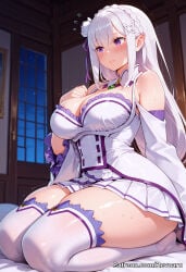 1girl ai_generated big_breasts cleavage clothing emilia_(re:zero) female fully_clothed gray_hair huge_breasts huge_cleavage mature_female pantyhose re:zero_kara_hajimeru_isekai_seikatsu revoaru silver_hair thick_thighs thighs white_pantyhose