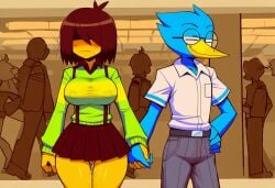 ai_generated avian berdly deltarune furtiveturtle hand_holding kris_(deltarune) kris_female_(deltarune) large_breasts no_panties nonbinary pussy skirt suspenders wet_pussy