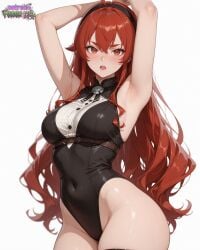 1girl ahoge armpits arms at background bangs bare between black blush breasts copyright covered cowboy crossed eris eyebrows eyes greyrat hair hairband highleg hips large leotard long looking medium mouth name navel open red shot simple skindentation sleeveless solo strap thick thigh thighhighs thighs up v-shaped very viewer white wide