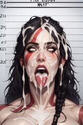 ahegao ahegao_face ai_generated black_hair cum cum_on_face dark_hair faprunner78 female_kratos god_of_war kratos long_hair open_mouth rolling_eyes rule_63 tongue_out white_skin