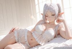 1girl ai_generated bare_shoulders breasts cleavage closed_mouth earrings frieren frieren_beyond_journey green_eyes indoors jewelry kermixx long_hair looking_at_viewer lying medium_breasts navel on_bed on_side one_eye_closed parted_bangs pointy_ears s_end see-through solo twintails underwear window