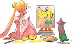 1girls ass bishoujo_senshi_sailor_moon clothing feline long_hair messy paint paint_on_body painted_butt painting philtomato shirt shirt_only sweatdrop t-shirt twintails usagi_tsukino white_background yellow_hair