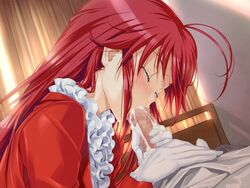 1boy 1girls bed blush censored classy_cranberry's closed_eyes cum cum_in_mouth curtains fellatio female game_cg gloves happoubi_jin highres kazanin_yukariko long_hair lying male oral penis red_hair socks straight sunlight sweat