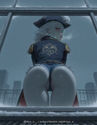1girl against_glass ai_generated anus anus_peek artist_name ass ass_focus bicorne black_coat black_headwear blue_shorts building coat condensation cutoffs denim denim_shorts epaulettes from_behind from_below grey_sky hat hat_feather heart heart-shaped_pupils jacket long_hair long_sleeves looking_at_viewer looking_back looking_outside micro_shorts night nyx_x partially_visible_vulva pirate pirate_hat questionable red_eyes rooftop short_shorts shorts sky smile snow snowing solo symbol-shaped_pupils thigh_gap thighs tongue tongue_out twitter_username wedgie white_hair window