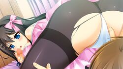 16:9 69 ass bed black_hair blue_eyes blush censored curtains female game_cg handjob hitotsu_tobashi_ren'ai legs long_hair looking_back lying open_mouth panties pantyhose penis thighs torn_pantyhose underwear white_panties