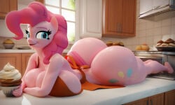 ai_generated apron big_ass big_boobs big_breasts big_butt cupcake cutie_mark female friendship_is_magic indoors kez-the-jetser kitchen laying laying_down laying_on_stomach my_little_pony pinkie_pie_(mlp) pony sexy sexy_ass sexy_boobs sexy_breasts sexy_butt sexy_pose