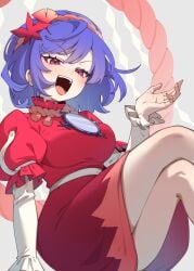 breast crossed_legs kanako_yasaka looking_at_viewer open_mouth short_hair touhou yasaka_kanako