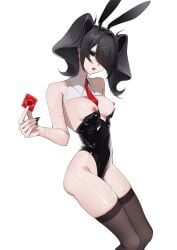 1girls ame-chan black_eyes black_hair blood breasts breasts_out bunny_ears bunnysuit condom condom_wrapper female female_only hair_over_one_eye hair_tie injury medium_breasts needy_girl_overdose nipples red_tie scar self-harm self-harm_scars solo thighhighs thighs twintails waytok x_hair_ornament