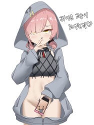 1girls blush bottomless breasts cellphone cellphone_picture closed_mouth do_you_want_to_pet_my_cat_(meme) feet_out_of_frame female female_only girls'_frontline girls'_frontline_2:_exilium groin hoodie korean_text long_hair looking_at_viewer medium_breasts navel nonoan_jp partially_clothed pink_hair shirt shushing smartphone smile text yellow_eyes zoe_sable