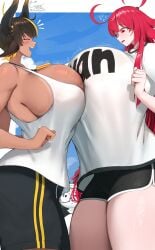 1boy 2d 2d_(artwork) 2girls background_character big_boobs big_breasts bigger_female boobs breasts chankhyan75 clothed clothed_female female female_focus height_difference huge_boobs huge_breasts larger_female megumi_(chankhyan75) shorter_female size_difference smaller_male thick_thighs thighs