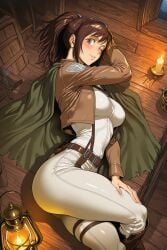 1girl ai_generated ass attack_on_titan belt blush boots breasts brown_eyes brown_hair candle emblem hi_res high_quality high_resolution jacket knee_boots lantern lips looking_at_viewer lying one_eye_closed pants paradis_military_uniform patreon ponytail sasha_braus savvyraexo seductive sexy shiny smile solo thigh_strap uncensored wooden_floor