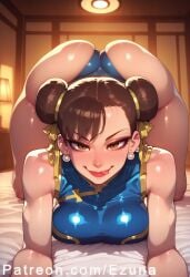 ai_generated all_fours bent_over big_ass big_breasts big_butt big_thighs blue_dress blush brown_hair chun-li chun-li_(street_fighter_6) cleavage_cutout ezuna hair_bun huge_ass huge_breasts huge_butt huge_thighs red_eyes red_lips street_fighter street_fighter_6 wanuze wide_hips