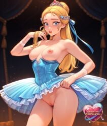 1girls ai_generated alternate_costume armpits artist_name ballerina ballet bare_arms bare_shoulders black_background blonde_hair blue_dress blue_eyes blue_ribbon blue_skirt blurry blush breasts breasts_apart breasts_out censored cleft_of_venus clothes_lift collarbone contrapposto corset cowboy_shot crown curtains dark_background dress frilled_dress frilled_skirt frills gloves hair_bun hair_ornament hair_ribbon hairclip half_updo hand_in_own_hair hand_up heart leotard lifted_by_self lips long_hair looking_at_viewer makeup medium_breasts nipples no_bra no_panties open_mouth parted_bangs parted_lips pink_lips ponytail princess princess_zelda pussy ribbon see-through showgirl_skirt single_hair_bun skirt skirt_lift solo standing strapless strapless_dress teeth thighs tiara topless tutu uncensored upper_teeth_only watermark web_address white_gloves wide-eyed