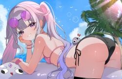1girls absurd_res absurdres ass bare_shoulders beach bikini blush bra breasts female female_focus female_only from_behind grey_hair high_resolution highres hololive hololive_english koseki_bijou looking_at_viewer multicolored_hair outside palm_tree panties pink_hair purple_eyes shusuchii sky small_breasts smile solo sunglasses sunglasses_on_head swimsuit teeth thighs underwear virtual_youtuber
